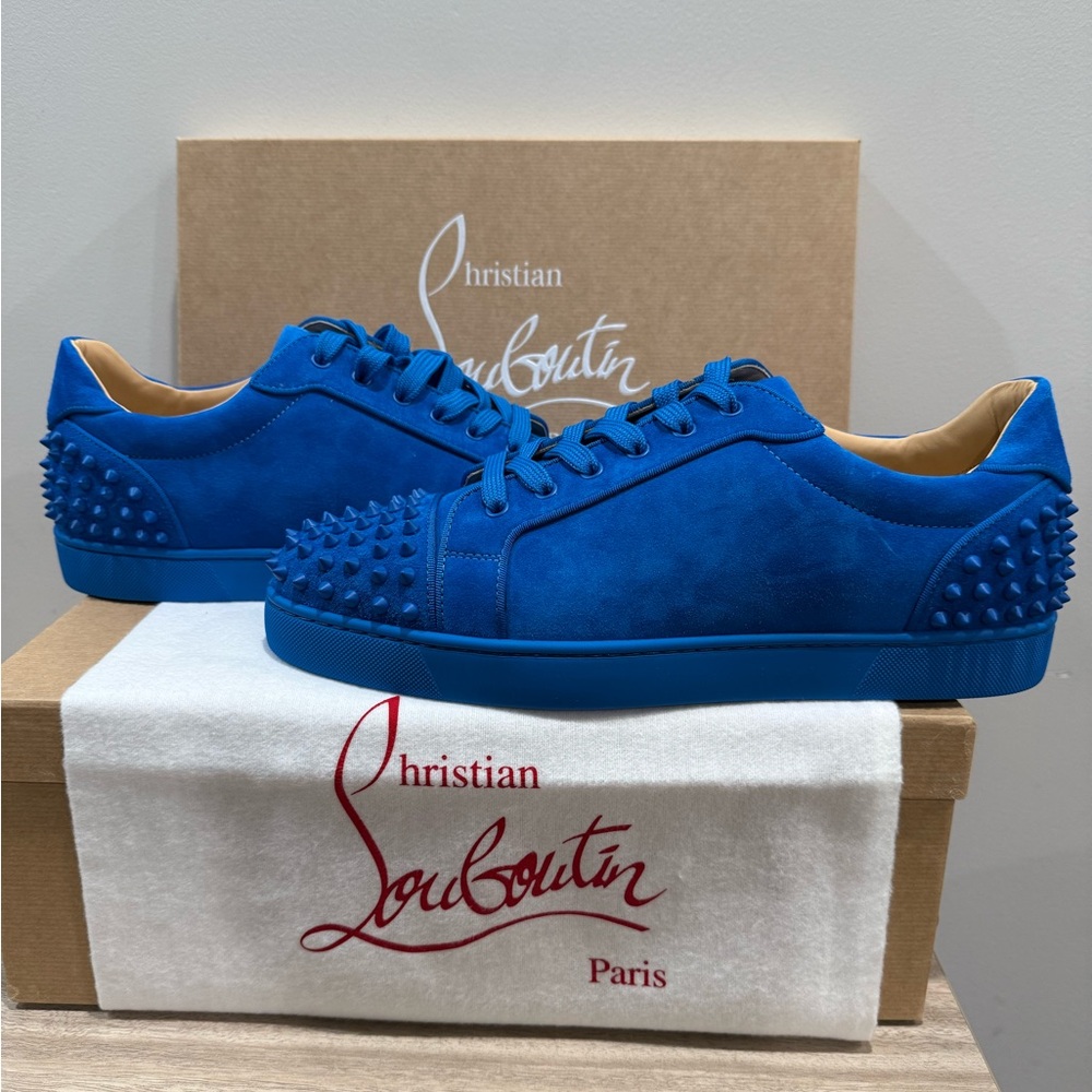 New Men’s Christian Louboutin Junior Spikes Orlato Sneakers Sz 45/12US BLUE